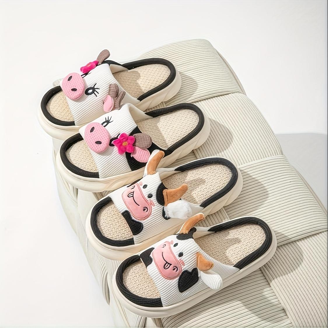 Cute Flower Cow Linen Slippers Indoor Home Use Non-Slip Odor-Resistant Outdoor Thick-Soled SandalsMinimalist Fluffy Home Slippers,Open Toe Bedroom Sandals for Gifts,Casual Soft Pink Bedroom Slippers, Fuzzy Warm Slippers for Women 2025, Walking Shoes