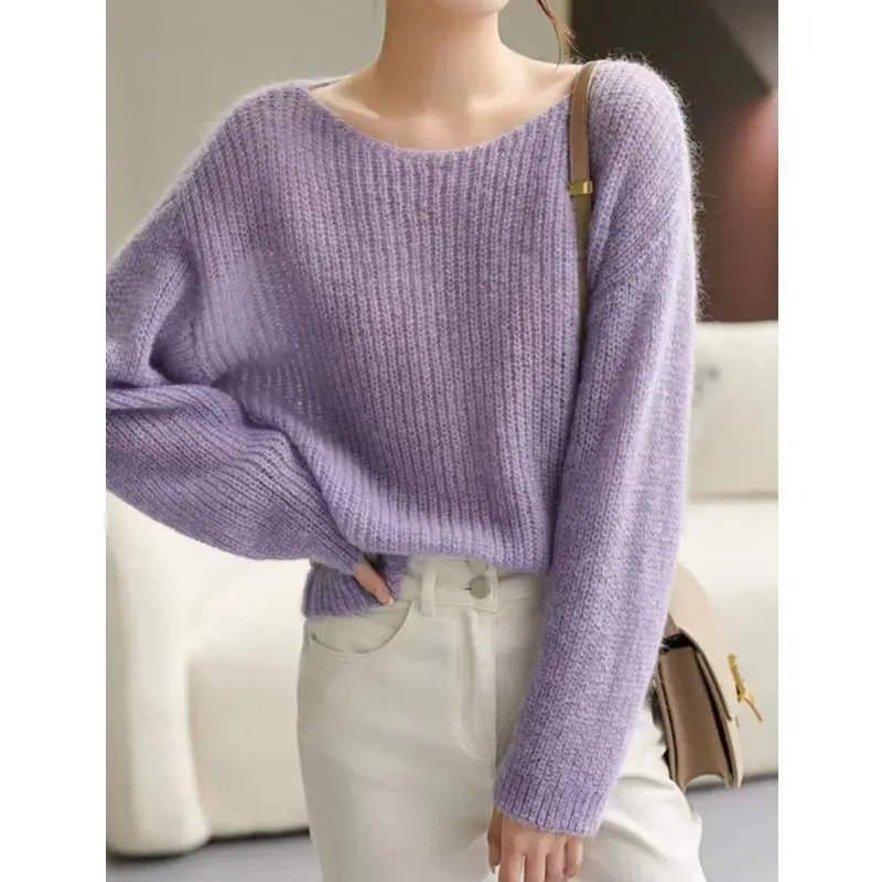 Rib Knit Pullover Sweater for Women Chunky Loose-fit Drop Shoulder Boat Neck Plain Jumper Blouse Cozy Knitwear Spring Autumn