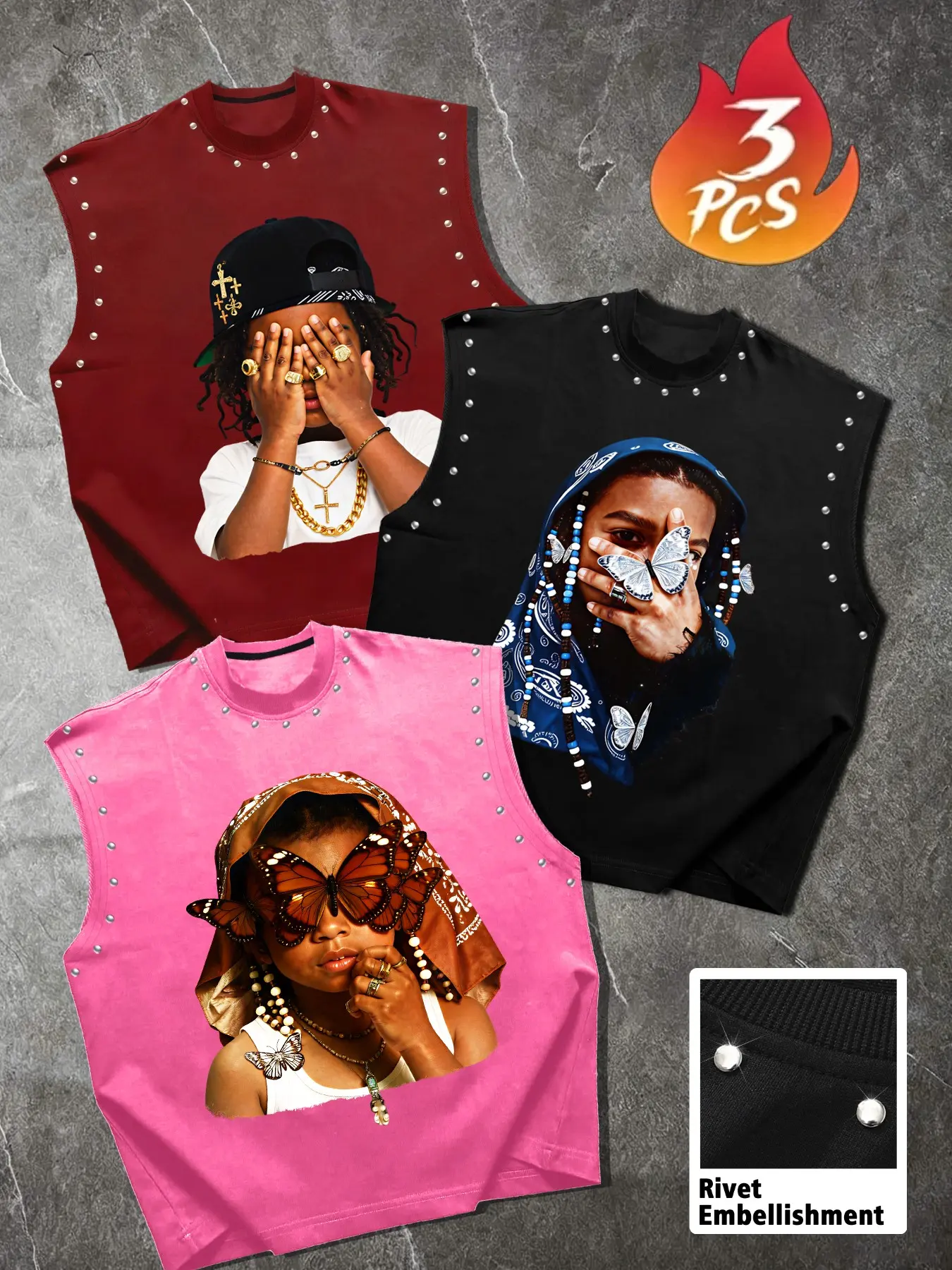 Men's Millennial Casual Streetwear Looks Street Style Rivet Trendy Sleeveless Vest Tops, Loose Fit Hip Hop Portrait Butterfly Print, Perfect for Music Festivals and Summer