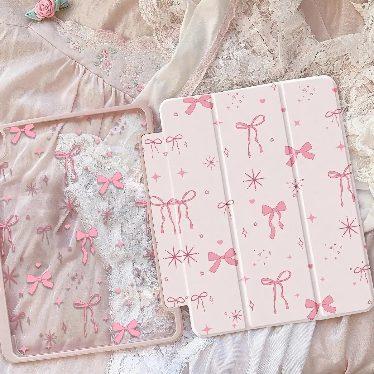 Cute Cartoon Pink Bow Hearts TPU Plastic Protective Casing for iPad 9th-11th Gen Series, Built-in Pen Slot, Automatic Sleep/Wake, Multi-Angle Stand, Drop Protection, Double-Sided Transparent Shell, iPad Accessories, Cute Accessories, Tablet Users