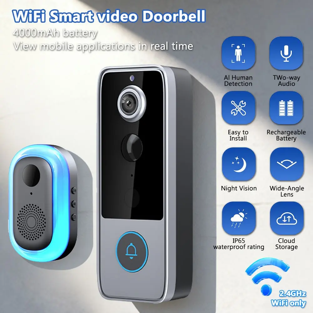 Wireless Video Doorbell Camera 1080P HD – Smart Home Security with Color Night Vision, Two-Way Audio, Motion Detection, 4000mAh Battery, IP65 Weatherproof, WiFi Tuya APP Remote View, TF Card & Cloud Storage, Rechargeable Wireless Doorbell