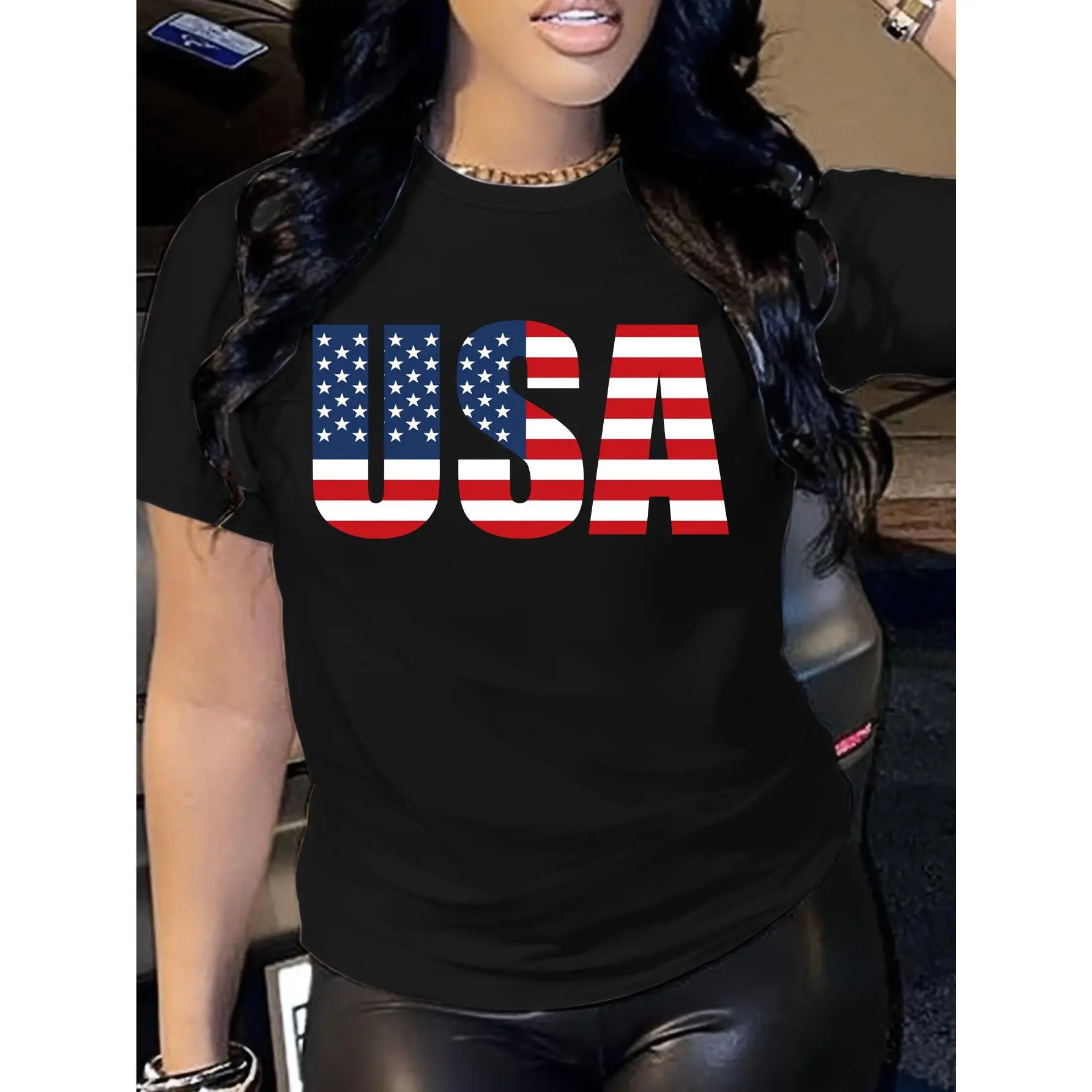 Women'S Casual T-Shirt with USA Flag Design - Short Sleeve Crew Neck, Machine Washable, Ideal for Spring/Summer, Everyday American Graphic Tee