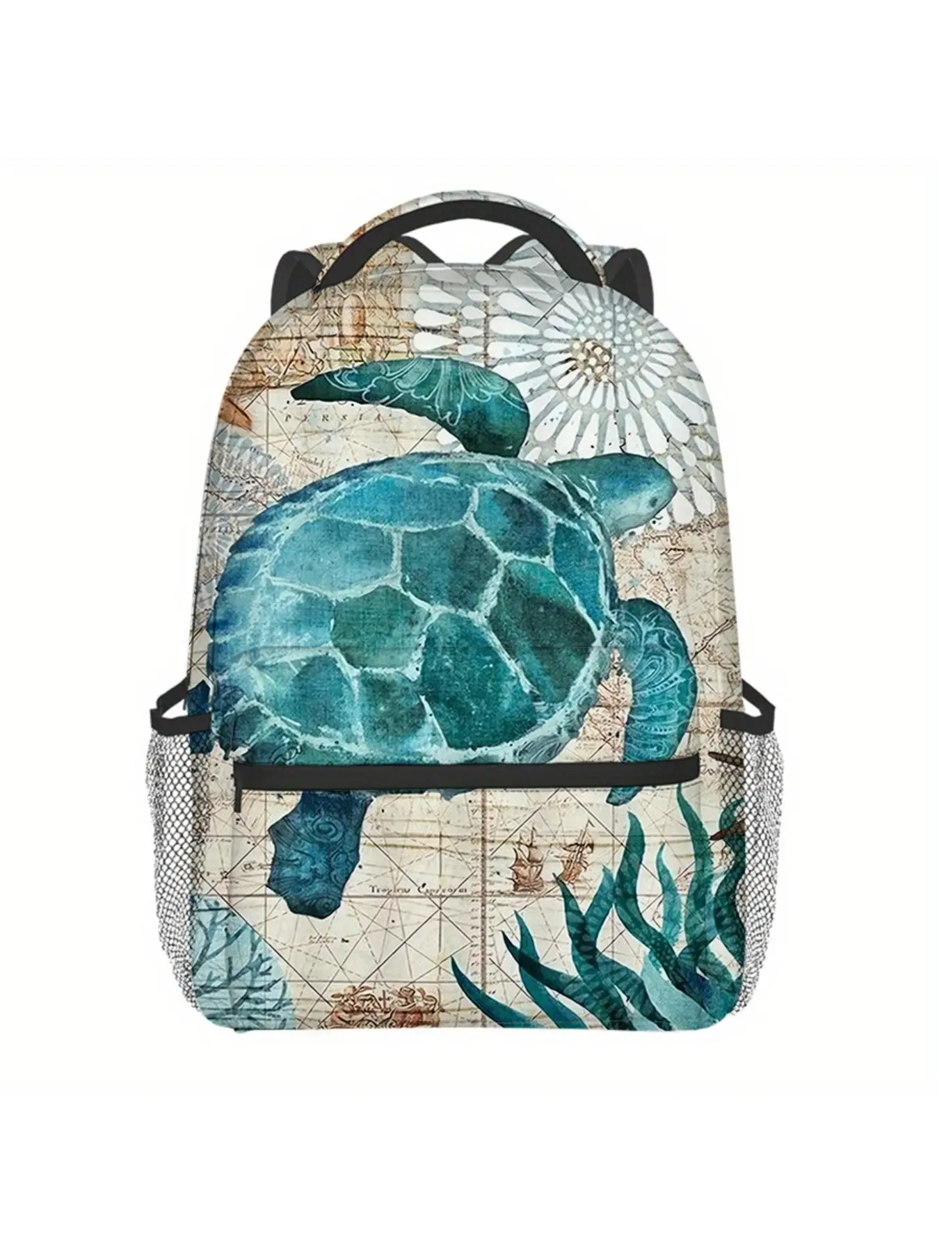 2D full-print turtle pattern backpack, large-capacity waterproof school bag for school, outdoor and travel use