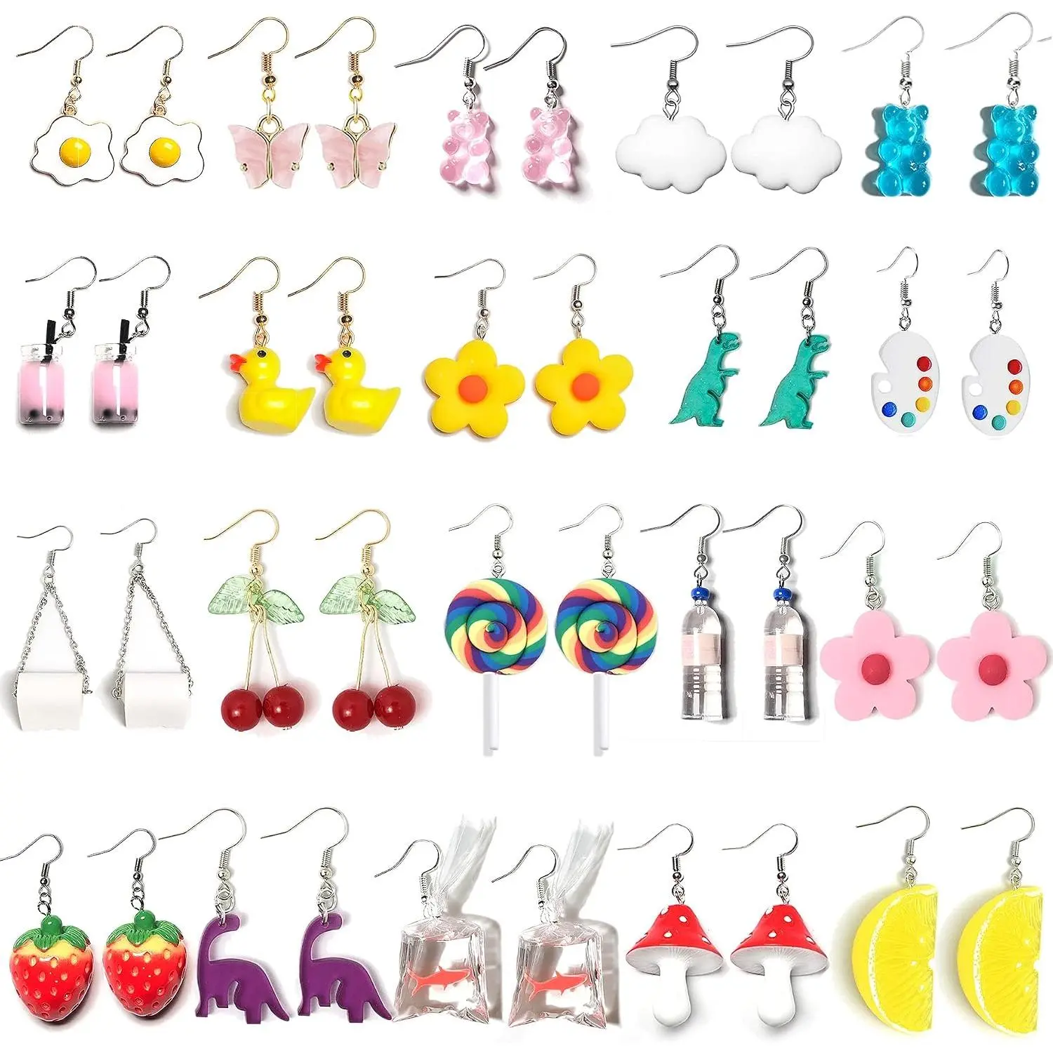 20 Pairs Weird Earrings Funny Earrings   Duck Water Bottle Fish Dinosaur Mushroom Butterfly Strawberry Dangle Earrings Set for Women
