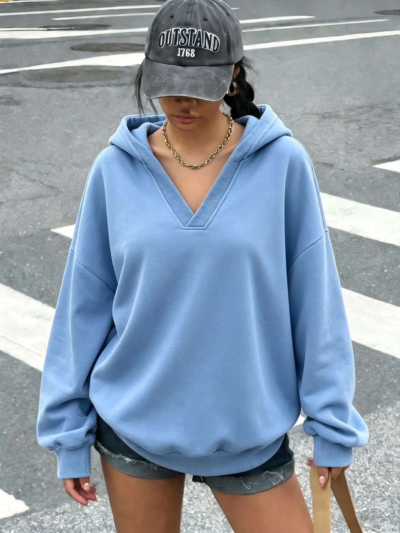 Women's Fashion Loose V-Neck Hoodie, Soft French Terry Material, Casual Drawstring Sweatshirt for Fall & Winter, Daily Wear and Street Style