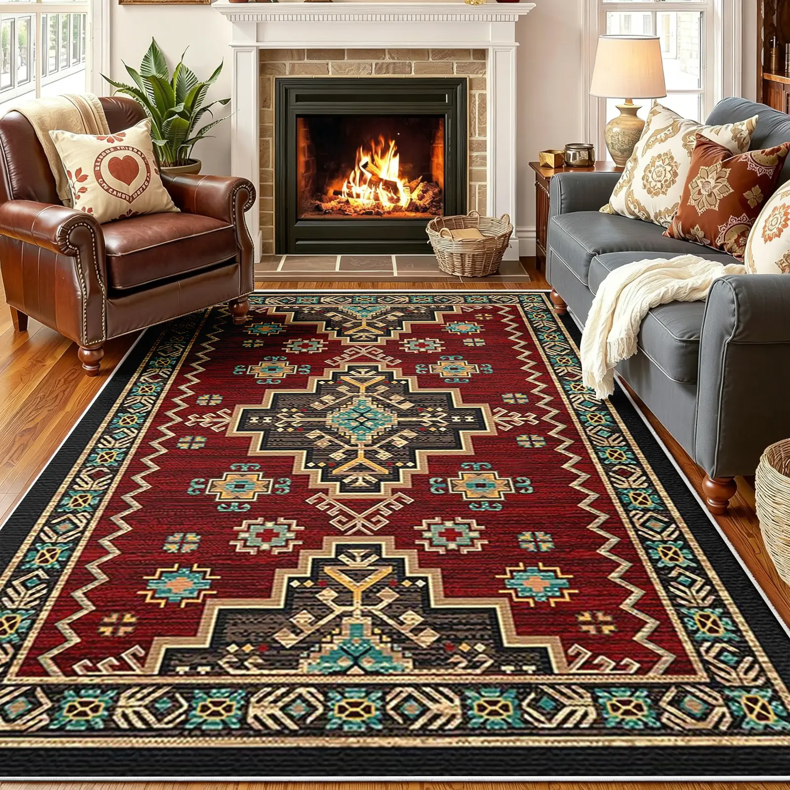 Navajo Geometric Area Rug, Rust Red & Teal Stepped Cross Motif with Symmetrical Tribal Border, Non-Slip Washable Carpet, Soft Durable Floor Mat, Aesthetic Rugs for Living Room Cabin Home Decor, 8 x 10 ft Area Rugs