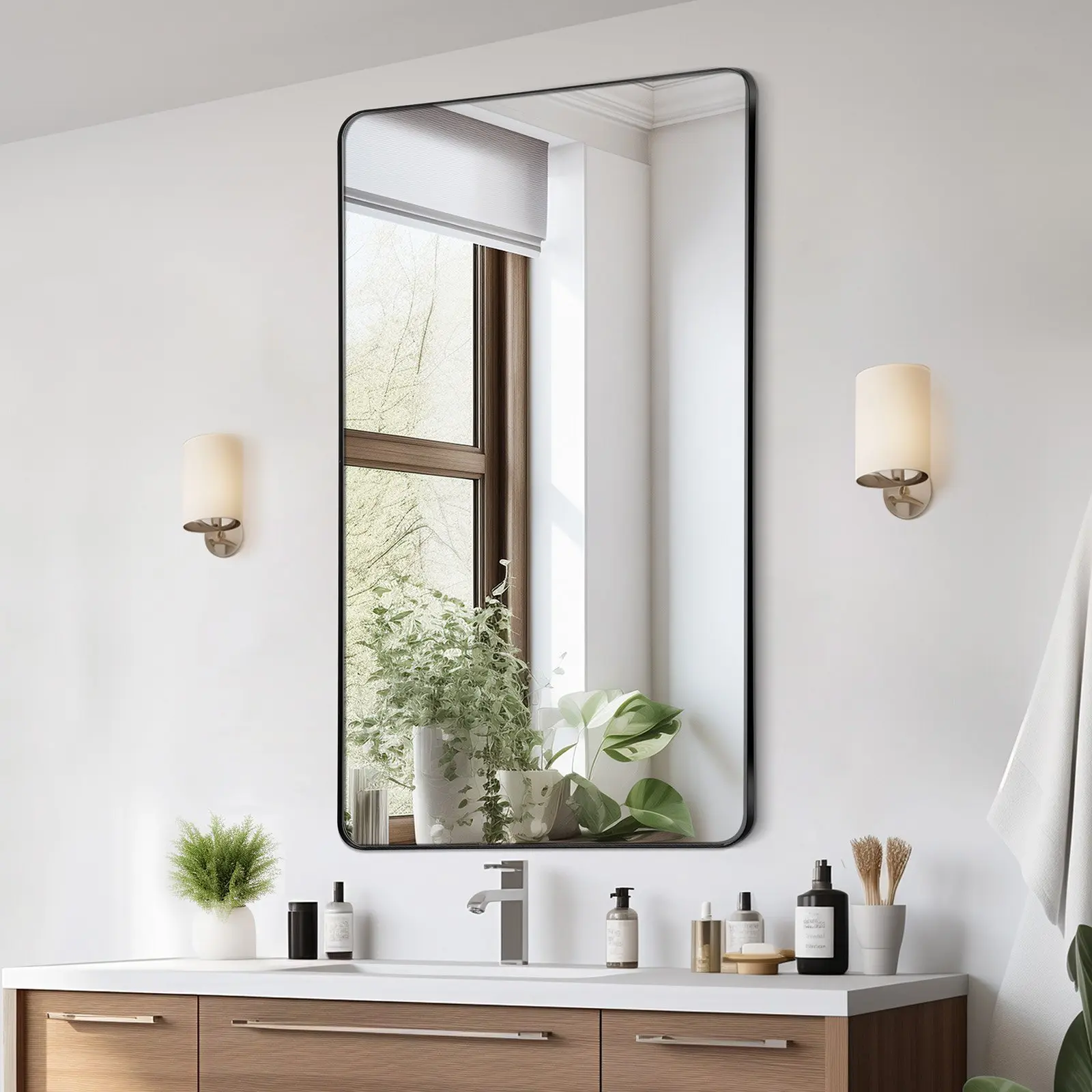 VEVOR Wall Mounted Makeup Mirror, 0.15" Thick, 28" x 60" Mirror with Aluminium Alloy Frame Explosion-Proof Film, Scratch-Resistant Mirror with Z-Shaped Bracket, Fit for Bathroom/Bedroom/Living Room