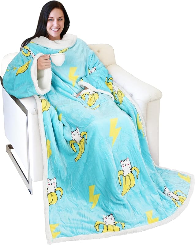 Catalonia Sherpa Wearable Blanket with Sleeves Arms, Comfy Sleeved TV Wrap Blanket, Large Snuggly Throw for Women and Men, Gift for Her