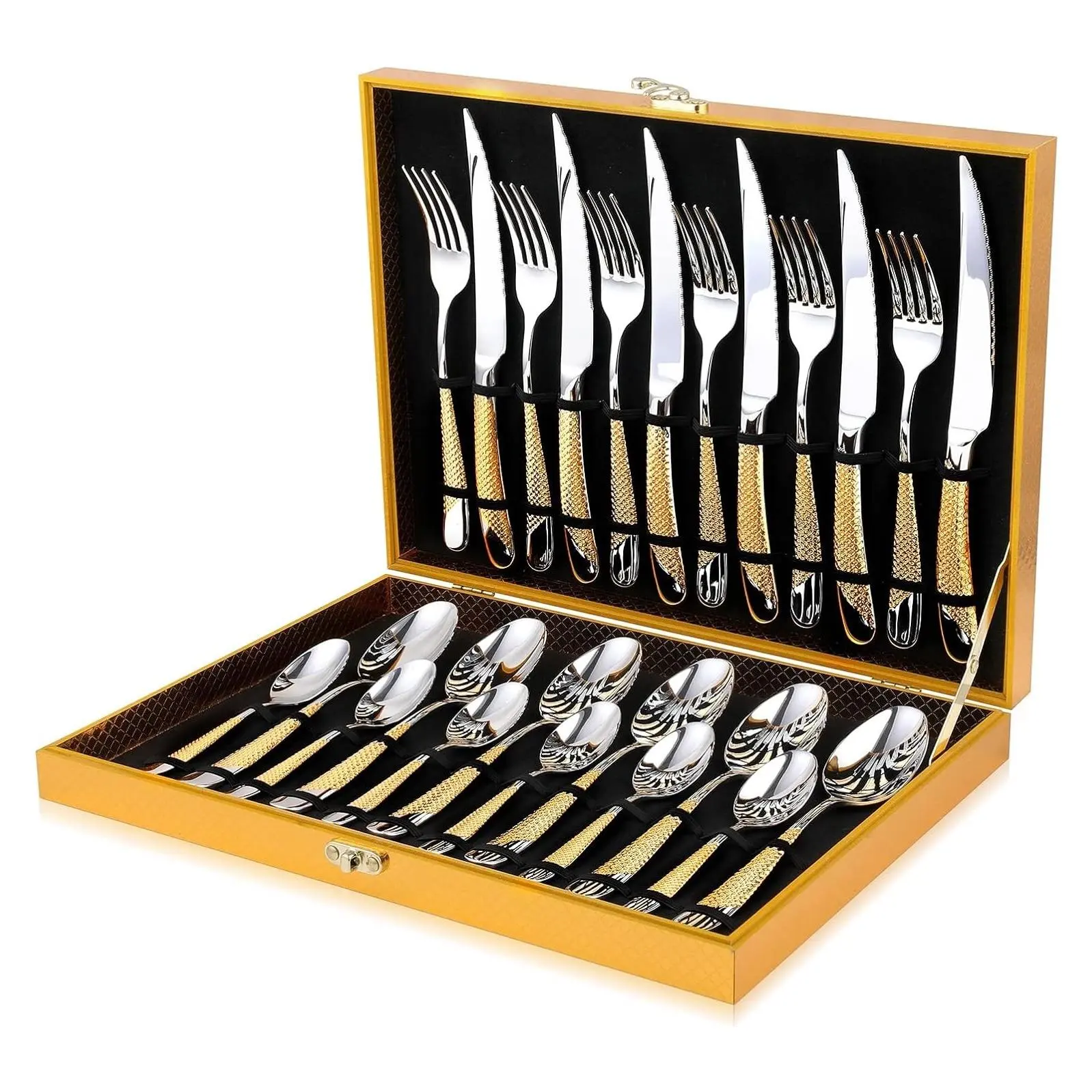 Hammered Silver Gold Silverware Set, 24-Piece 18/10 Stainless Steel Flatware Set, Service of 6Gift