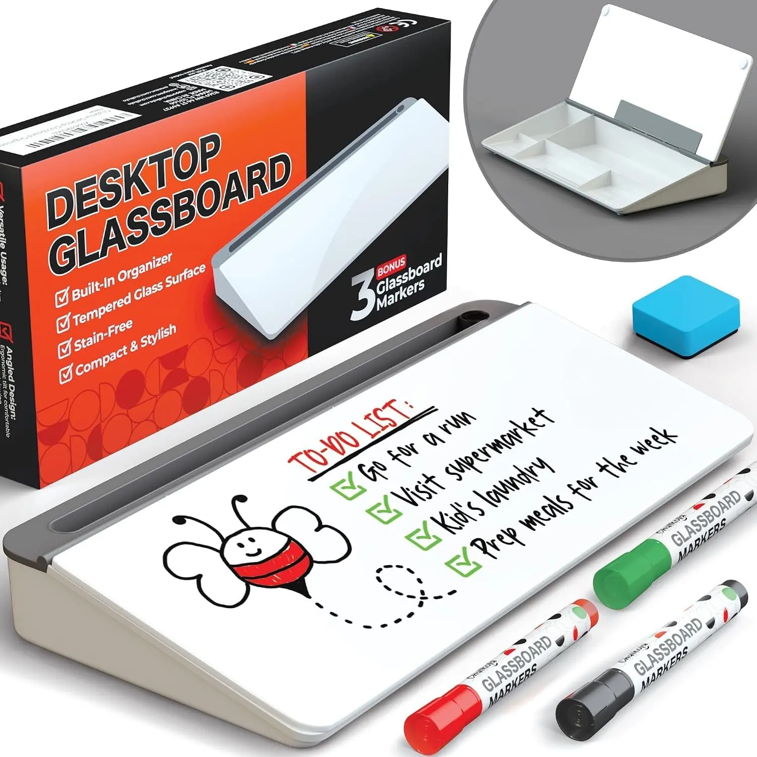 Glass Desktop Whiteboard with Storage - Dry Erase Board, Work Desk Organizers,  Keyboard Stand,  Office Desk Accessories, Small White Board, Workspace Desktop Buddy + 3 Markers