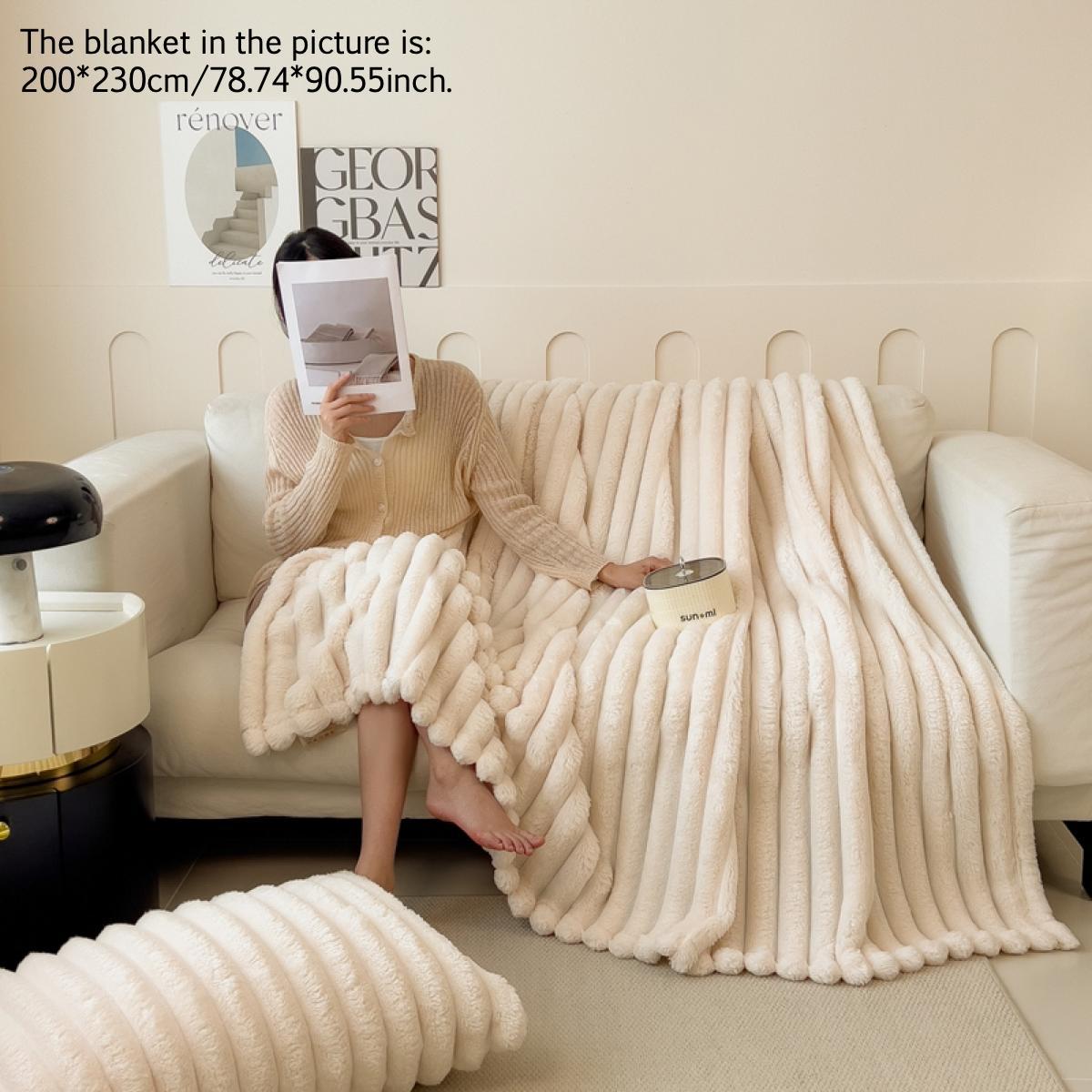 Solid Color Stripe Design Plush Blanket, Soft Fluffy Blanket, 1/2 Counts Soft Comfortable Throw, Warm Napping Blanket for Home Office Travel Bedroom