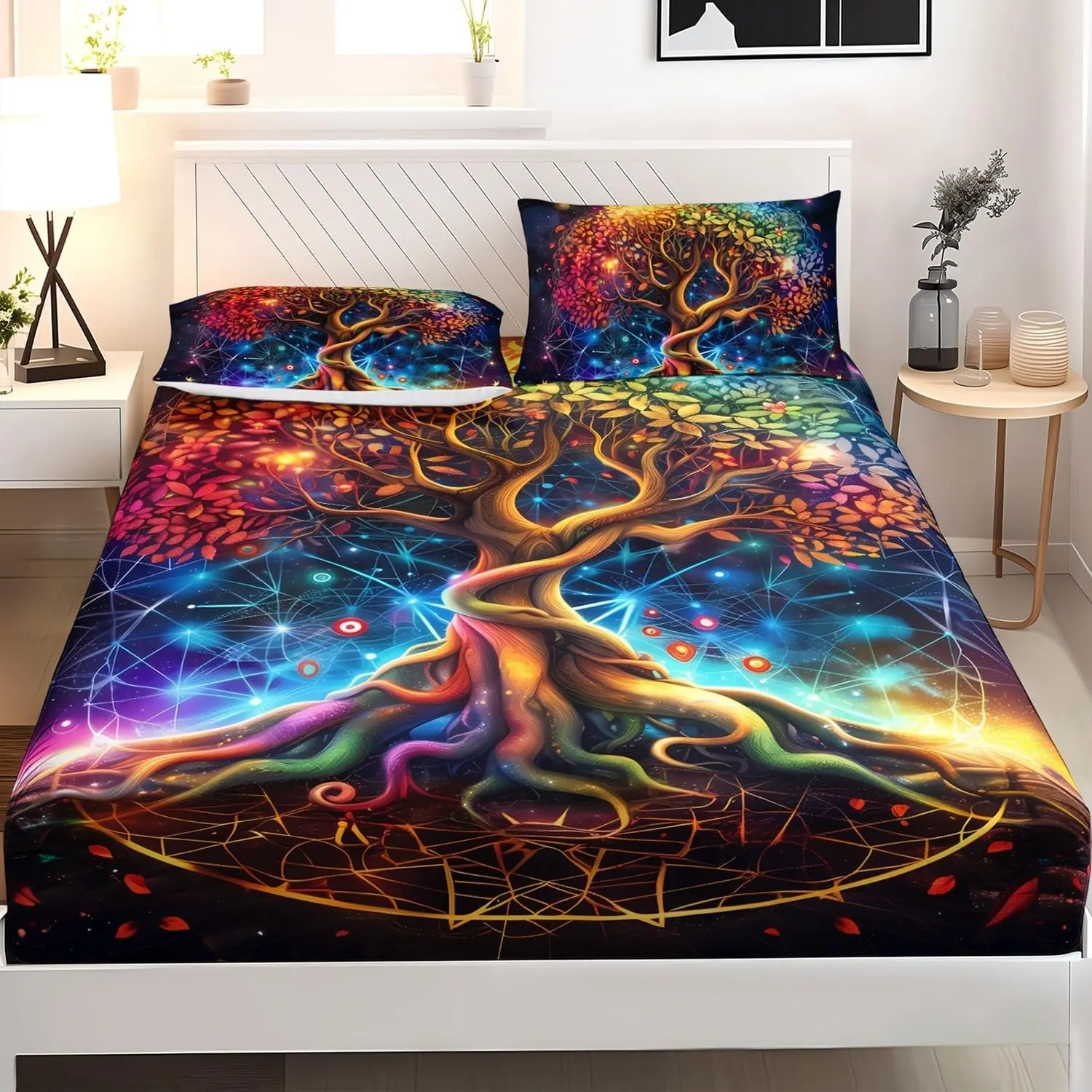 Life Tree Bed Sheet Set, Single and Twin Size, Colorful Bohemian Design, Space Galaxy Starry Pattern, Includes Plant Print Mattress Cover and 2 Pillowcases, 3-Piece Set