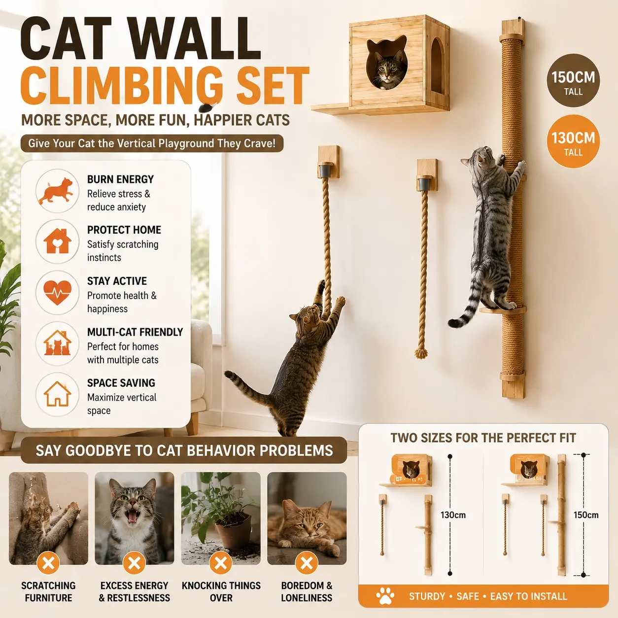 Wall-Mounted Cat Climbing Rope 150cm/130cm Natural Sisal Scratching Toy, Indoor Cat Play, Reduces Boredom, Protects Furniture