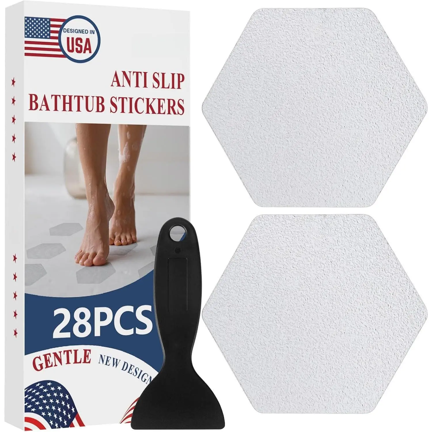 28 count Shower Floor Non Slip Stickers with  Adhesive, Invisible & Durable Anti Slip Shower Stickers with Scraper for Bath Tub, Pools and Stairs, Clear, Hexagonal