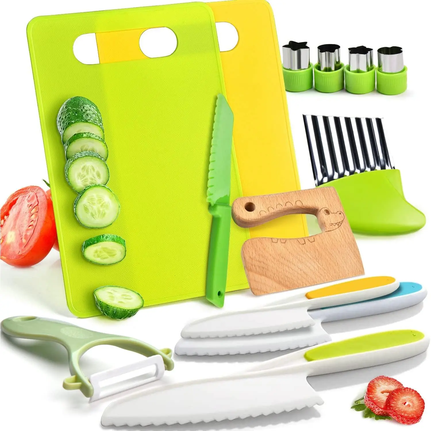Pretend Play 13 Pieces Kitchen Toys for Unisex Toddlers, Kids Cooking Set with Safe Blades, Plastic Children’s Safe Knives, Crinkle Cutter, Kids Cutting Board