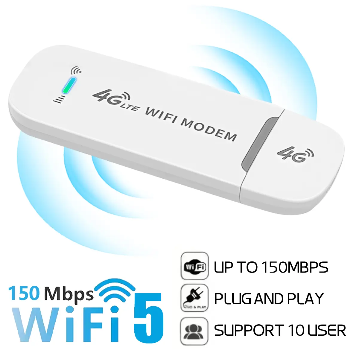 4G LTE USB WiFi Modem, 150Mbps high-speed transmission, supports European LTE bands, smart IC chip for stable signal, compact and portable, perfect for travel, business and outdoor use
