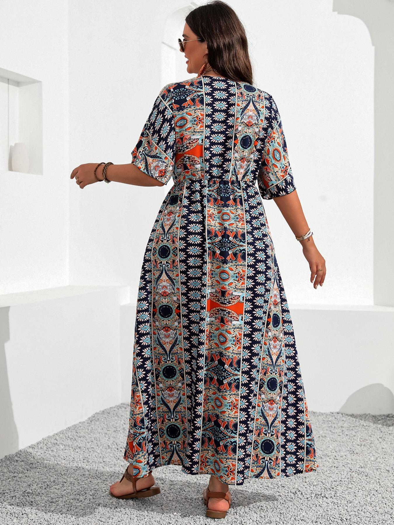 Plus Size Ethnic Pattern Ruched V Neck Dress, Bohemian Casual Floral Print Batwing Half Sleeve A-Line Dress for Summer, Women's Clothes for Beach Holiday Plus Size Ethnic Pattern Ruched V Neck Dress, Bohemian Casual Floral Print Batwing Half Sleeve A-Line Dress for Summer, Women's Clothes for Beach Holiday