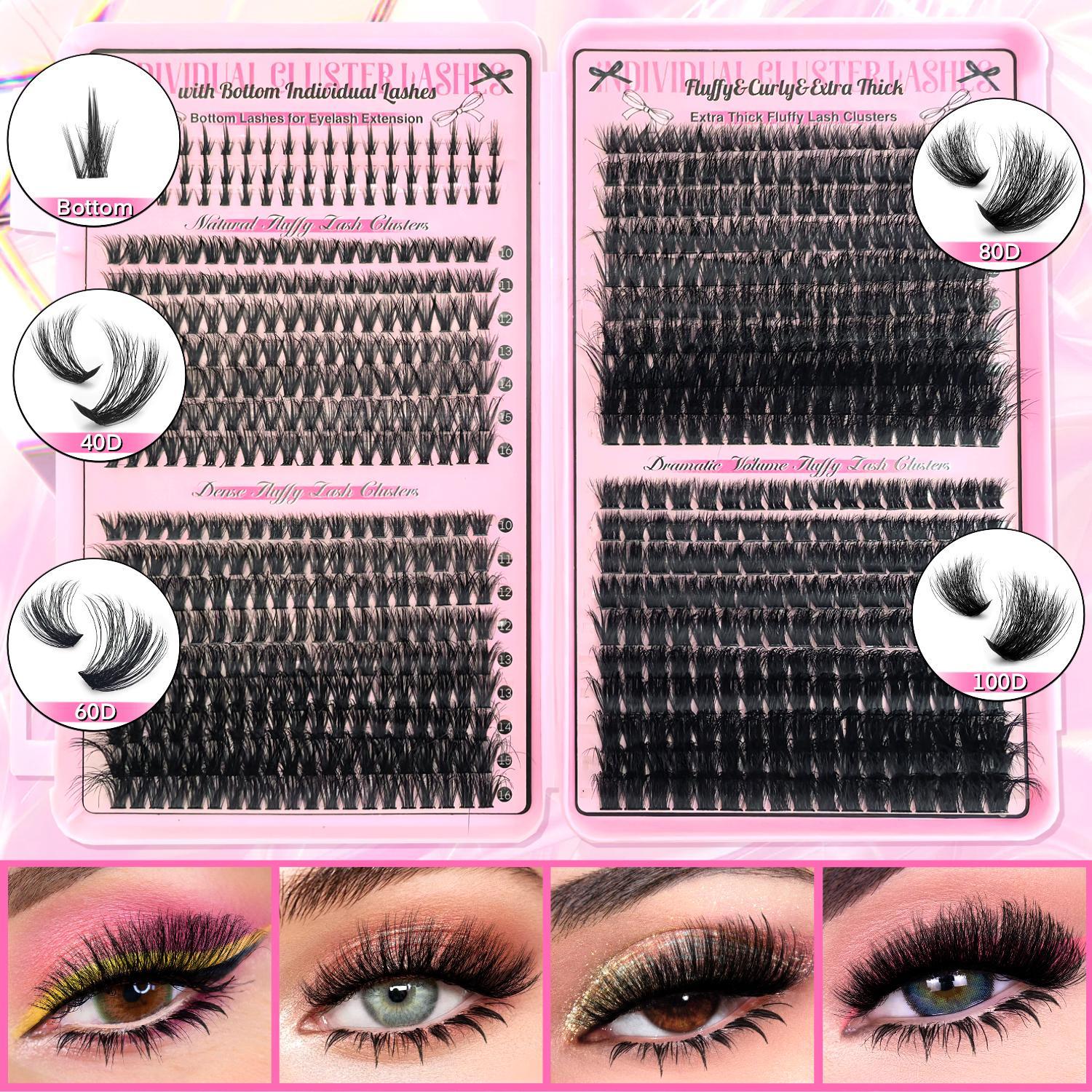 Natural Look Eyelashes Extension Set, DIY Eyelash Extensions, 1 Set Eyelashes Clusters & Lashes Glue & Tweezers & Brush, Eye Makeup Accessories for Women, Eyelash Extension Kit Cosmetic