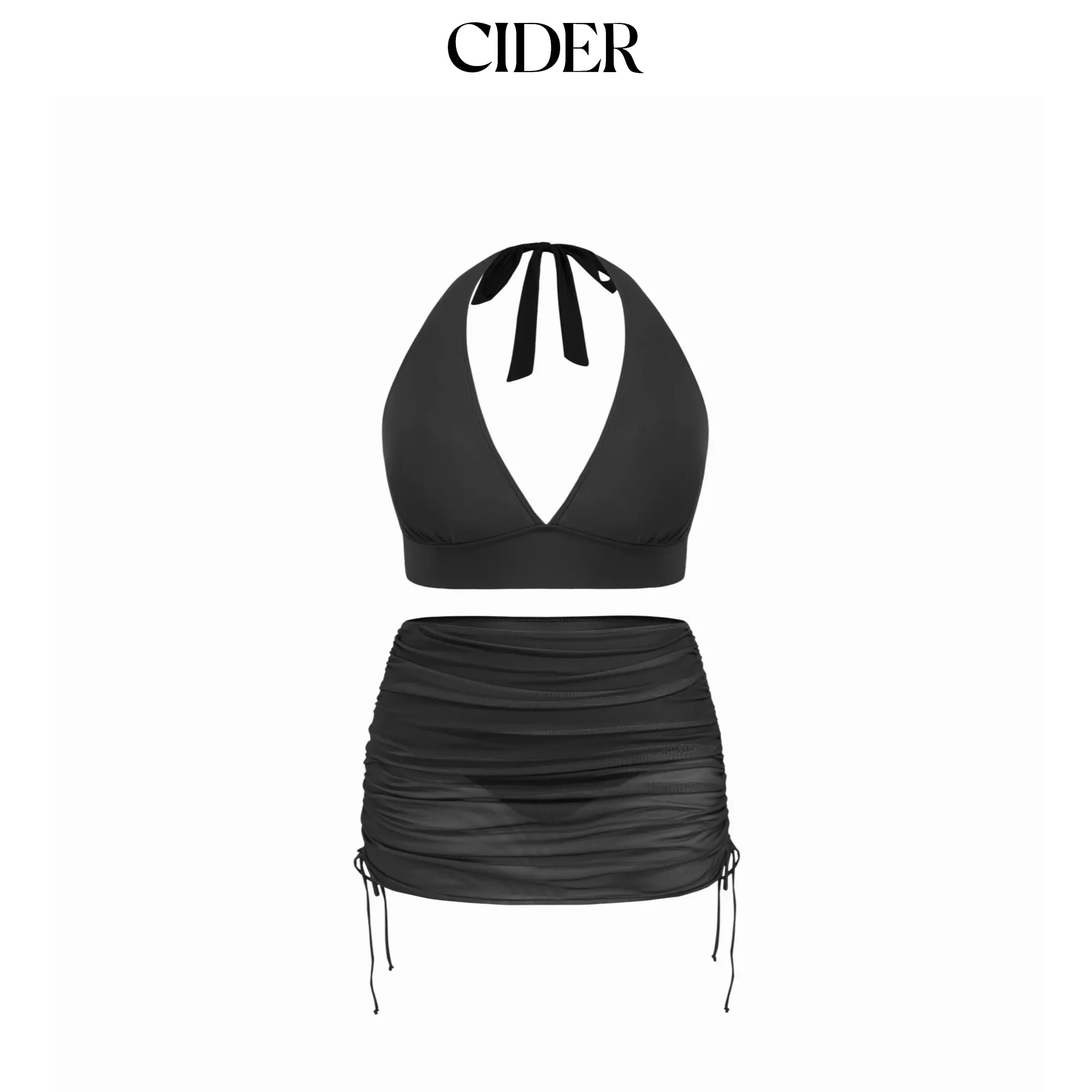 Cider V-neck Halter Cheeky Tankini Swimsuit With Drawstring Cover Up Skirt