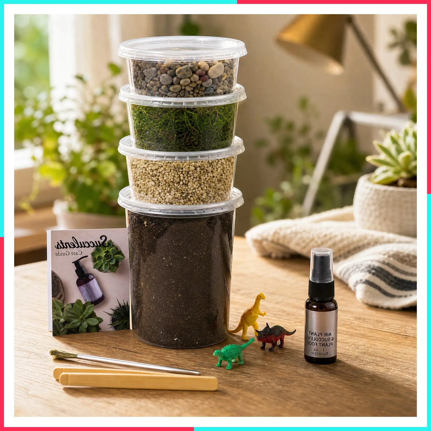 DIY Succulent Terrarium Starter Kit with Moss, Vermiculite, Soil, Pebbles, Plant Food, Finishing Tools, Build and Care Guide for Adults and Kids (Large)