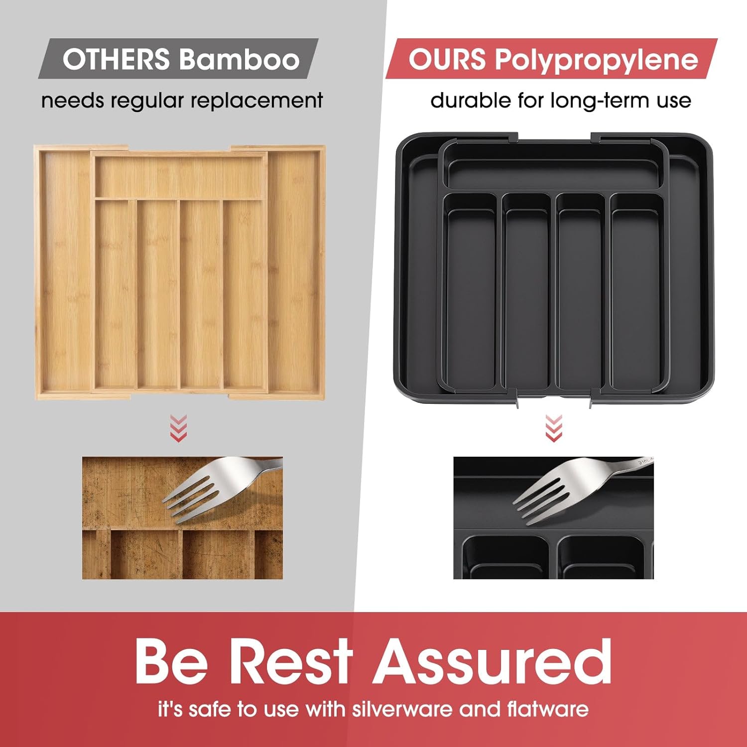 Silverware Organizer - Expandable Kitchen Drawer Organizer, Adjustable Utensil Organizer, Cutlery Tray for Forks, , Multipurpose Kitchen Organizers and Storage Solution, Black, Medium Silverware Organizer - Expandable Kitchen Drawer Organizer, Adjustable Utensil Organizer, Cutlery Tray for Forks, , Multipurpose Kitchen Organizers and Storage Solution, Black, Medium