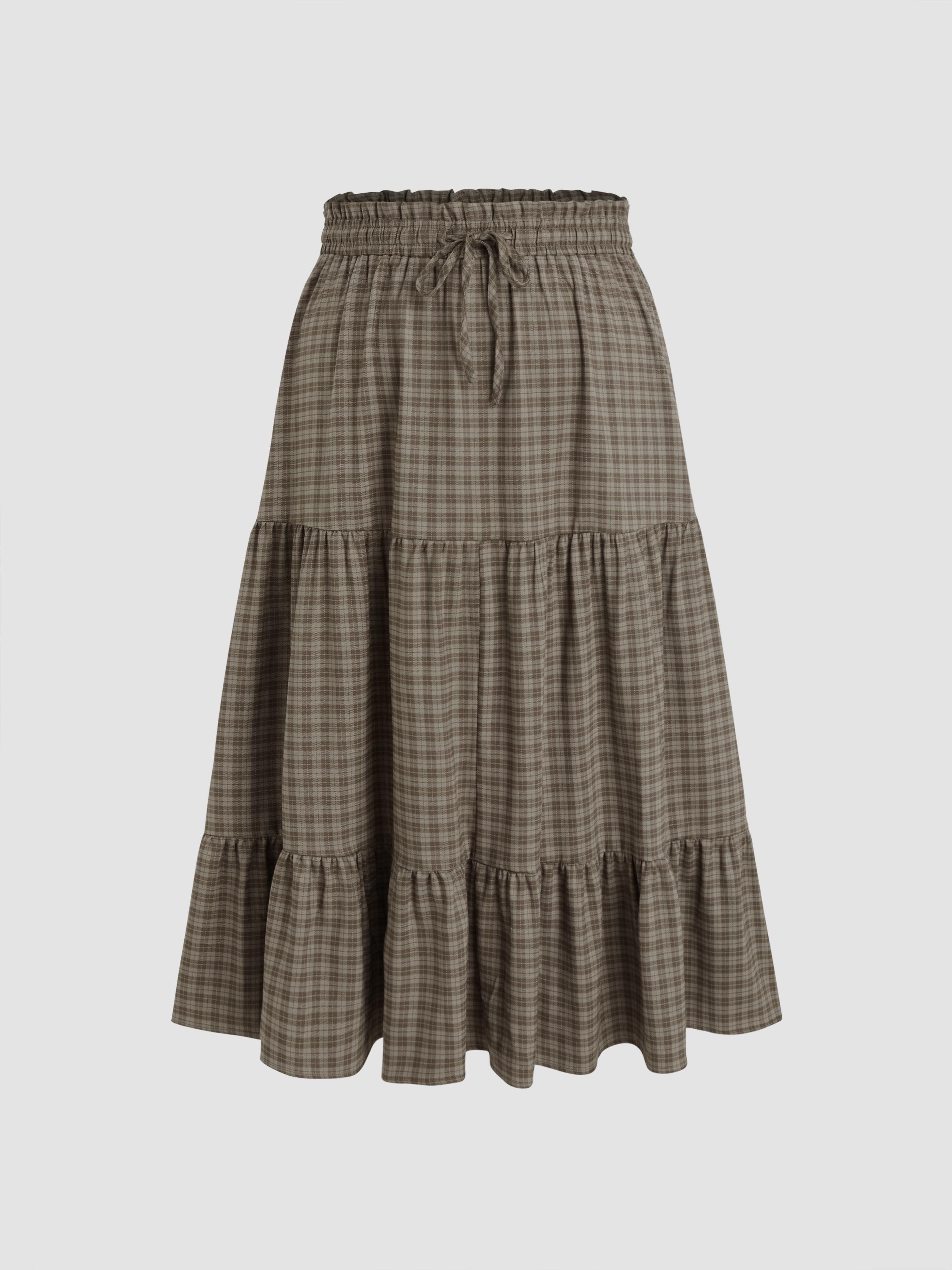 Cider [2 colors, size 2-26] Elastic Waist Check Knotted Tiered Maxi Skirt