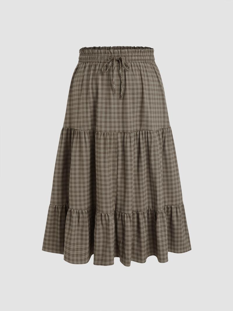 Cider [2 colors, size 2-26] Elastic Waist Check Knotted Tiered Maxi Skirt