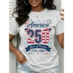 1 piece of plus-size women's summer clothing, USA 250th Independence Day printed short-sleeve T-shirt, patriotic commemorative top, USA flag, fireworks