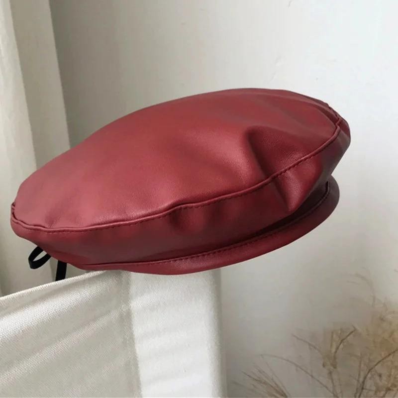 Fashion Autumn Winter Beret Beanie Hat Women Plain Beret Hats Solid Color Elegant Men Women Artist Caps PU Leather Painters Caps