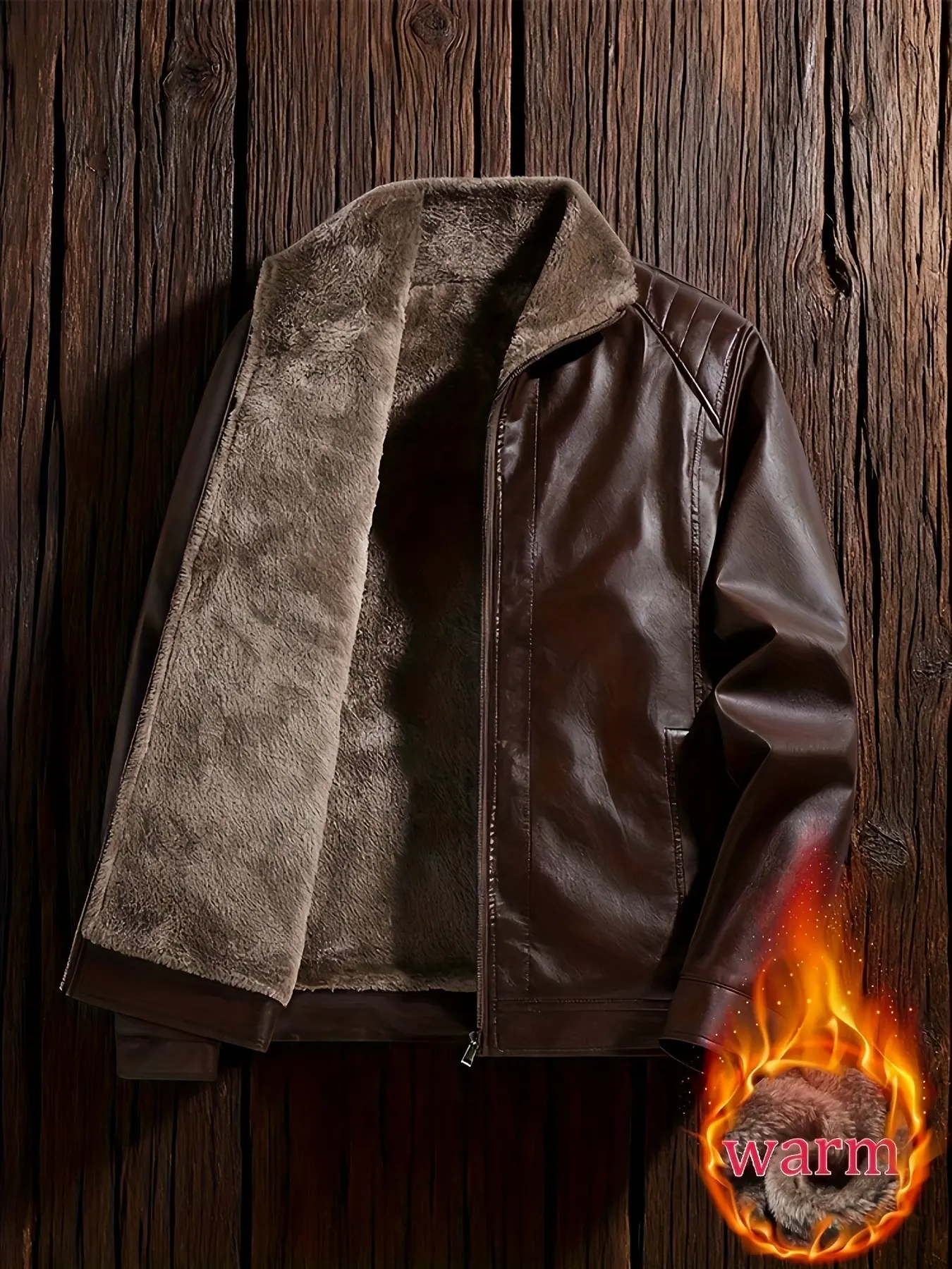 Winter Warm PU Leather Jacket for Men, Fleece Lined Stand Collar Zip-Up Coat, Casual Retro Style, Long Sleeve Slim-Fit Outerwear, Menswear