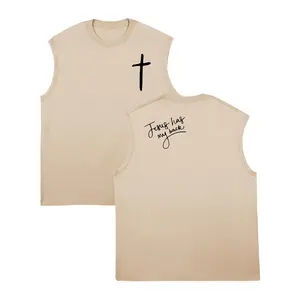 Women's Vintage Distressed Christian Faith Tank Top - Double-Sided Jesus Has My Back Cross Prints, Comfortable Fabrics, Round Neck, Sleeveless, Everyday Casual Summer Lounge Outfits