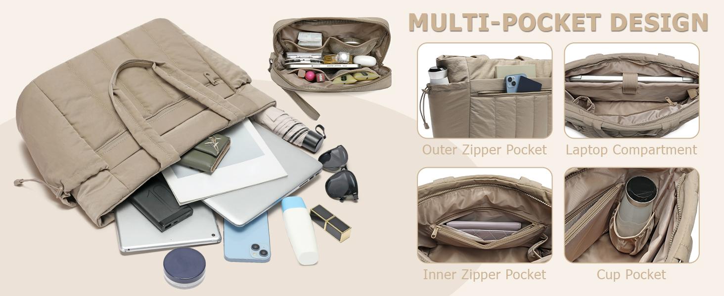 Tote Bag for Women, Lightweight Puffer Tote Bag with Compartments, Quilted Shoulder Bag Handbag with Zipper for Work