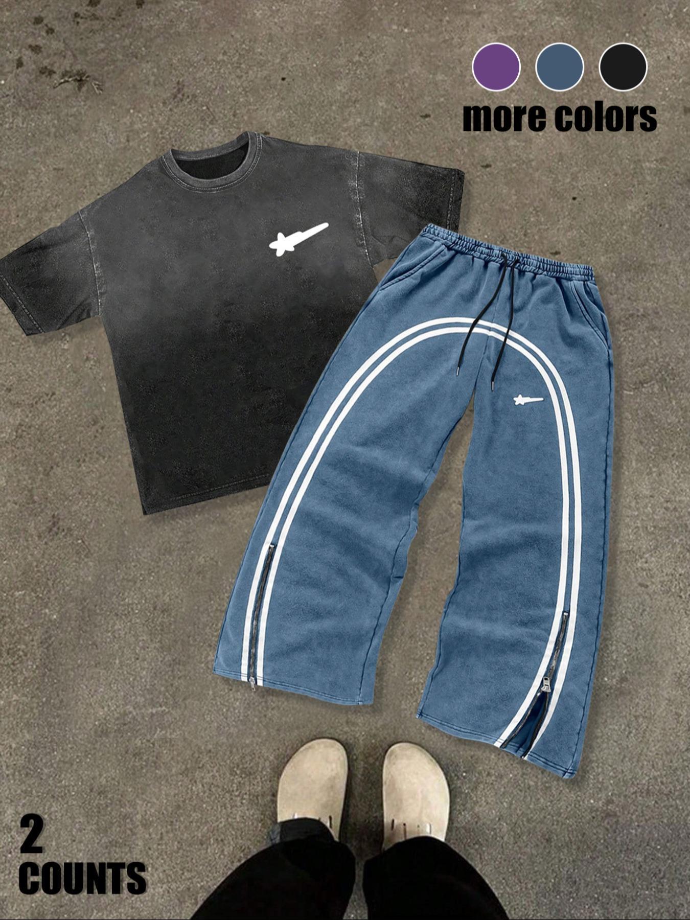 Men's Star & Striped Print Tee & Pants Set, Loose Fashion Round Neck Short Sleeve T-shirt & Trousers for Daily Outdoor Wear, Men's Clothing for Spring & Fall, Menswear