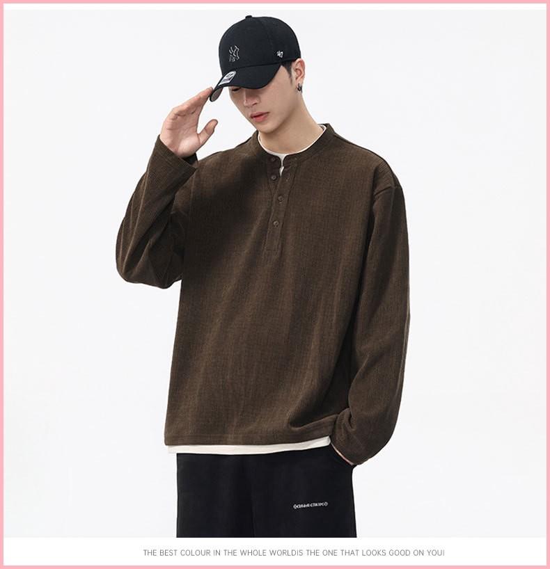 Autumn And Winter New Versatile Casual Fake 2 Pieces Handsome Trendy High Street Henley Collar Long-sleeved T-shirt For Men