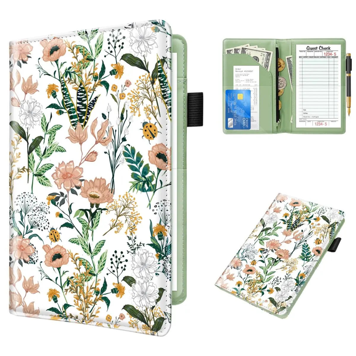 Server Book for Waitress Book with Zipper Pocket, Cute Server Books for Waiter Leather,  Organizer Wallet,  Check Bill Receipt Holder Presenter, 8x5 inch, White Flower