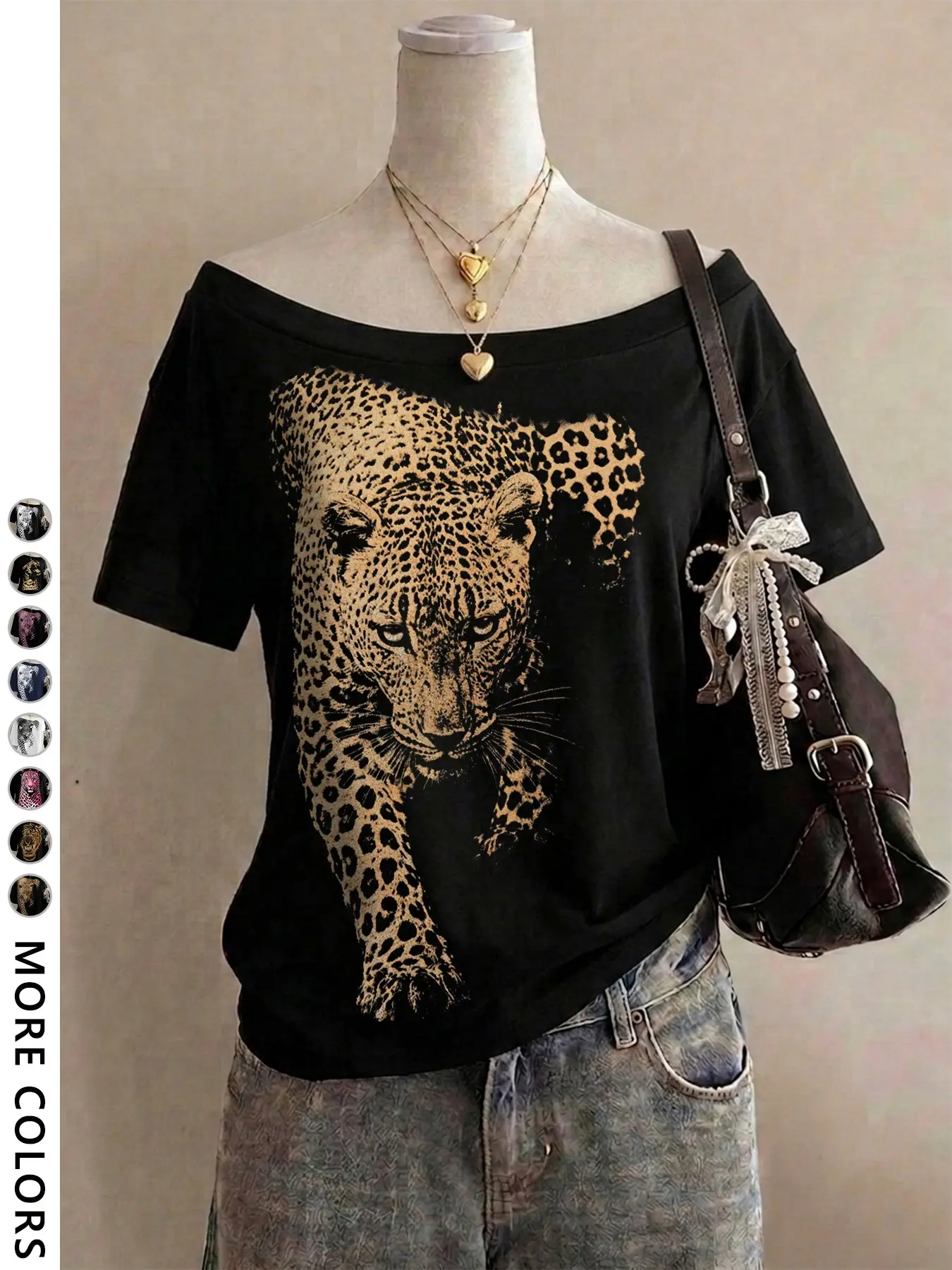 Women's Loose Fit Short Sleeve Off-Shoulder T-Shirt, Leopard Print Design, Casual Style, Perfect for Outing and Shopping, Y2K Fashion