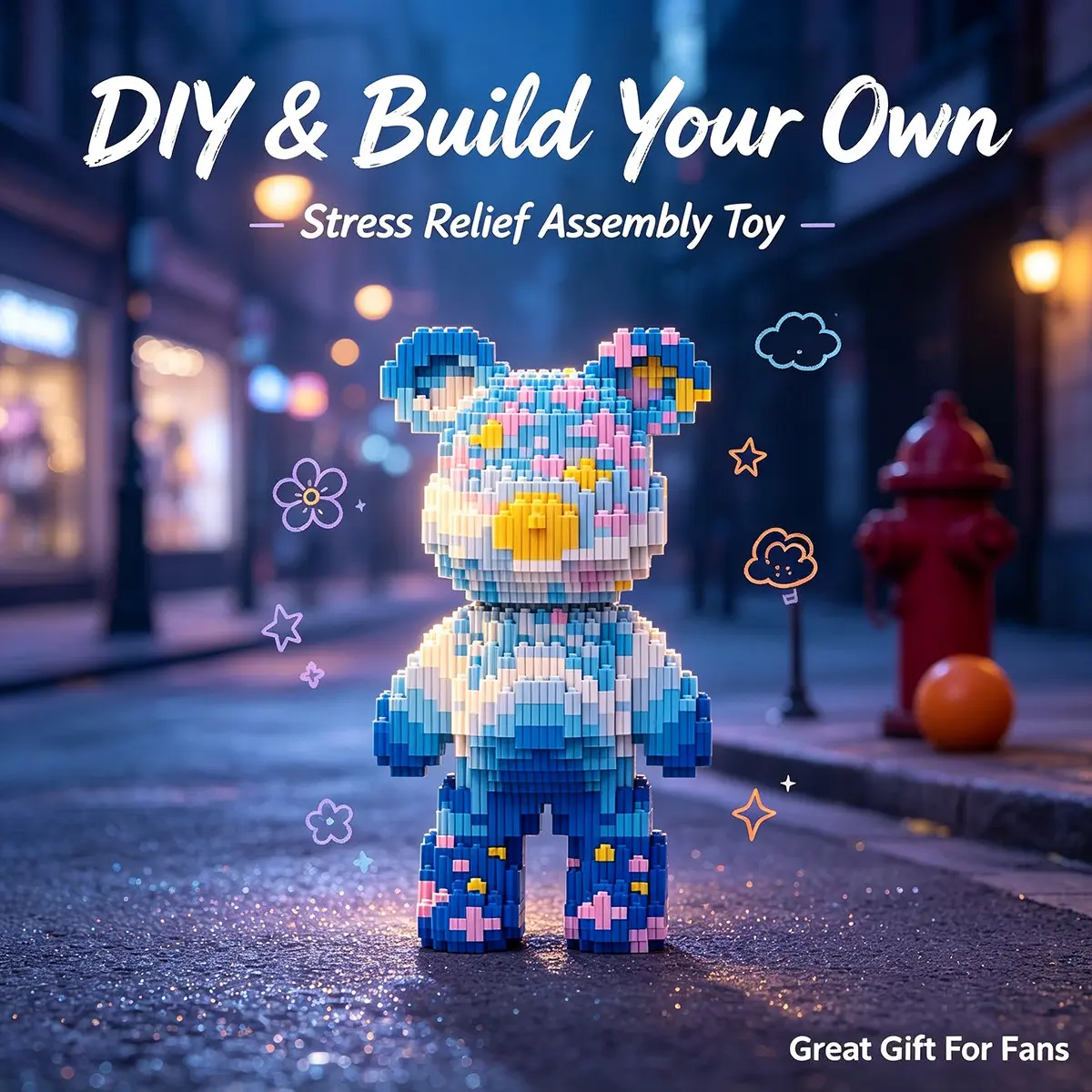 Ice Blue Nebula Gradient Lucky Bear 3D Puzzle Block Ornament, Home Office Decor, Party Decoration, Ideal Gift for Holidays