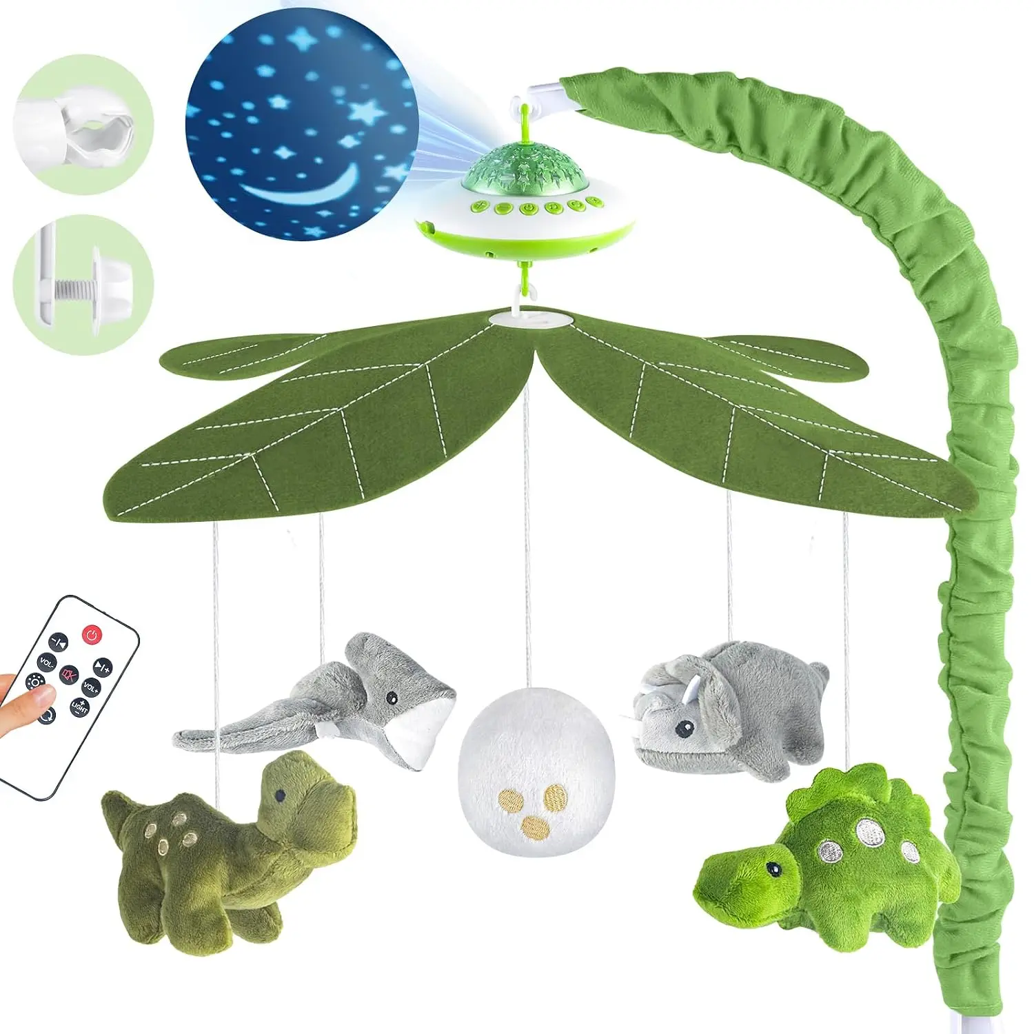Baby Crib Mobile with Music and Lights, Nursery Baby Mobile for Crib Bassinet with Remote Control, Rotation, Starlight Projection, Crib Toys for Babies Boys Girls Dinosaur