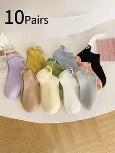 10 Pairs Women's Socks, Anti-Chafe Low Calf, Invisible Ankle Socks, Spring Summer Thin, Odor-Resistant, Cute Cartoon Patterns, Comfortable & Versatile