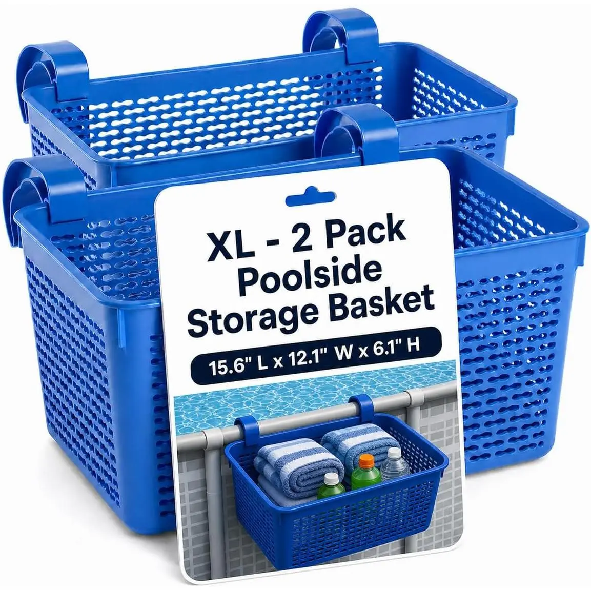 Eco-Friendly Plastic 2-Pack XL Poolside Storage Basket with Drainage Holes, Smart Drainage & Breathable Design, 15.6" L x 12.1" W x 6.1" H European-Made Organizer for Above Ground Pools, Organizing Pool Toys, Blue, Space-Saving, Withstands Sun, Water, Chl