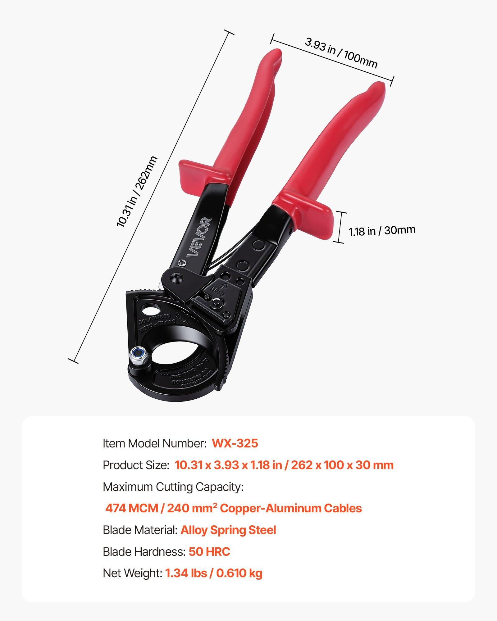VEVOR Ratcheting Cable Cutter, Spring Steel Blades with PVC-Coated Handles, Quick-Release Button, Heavy Duty Ratchet Cable Wire Cutter for Cutting Copper & Aluminum Cables Up to 474 MCM / 240 mm² VEVOR Ratcheting Cable Cutter, Spring Steel Blades with PVC-Coated Handles, Quick-Release Button, Heavy Duty Ratchet Cable Wire Cutter for Cutting Copper & Aluminum Cables Up to 474 MCM / 240 mm²