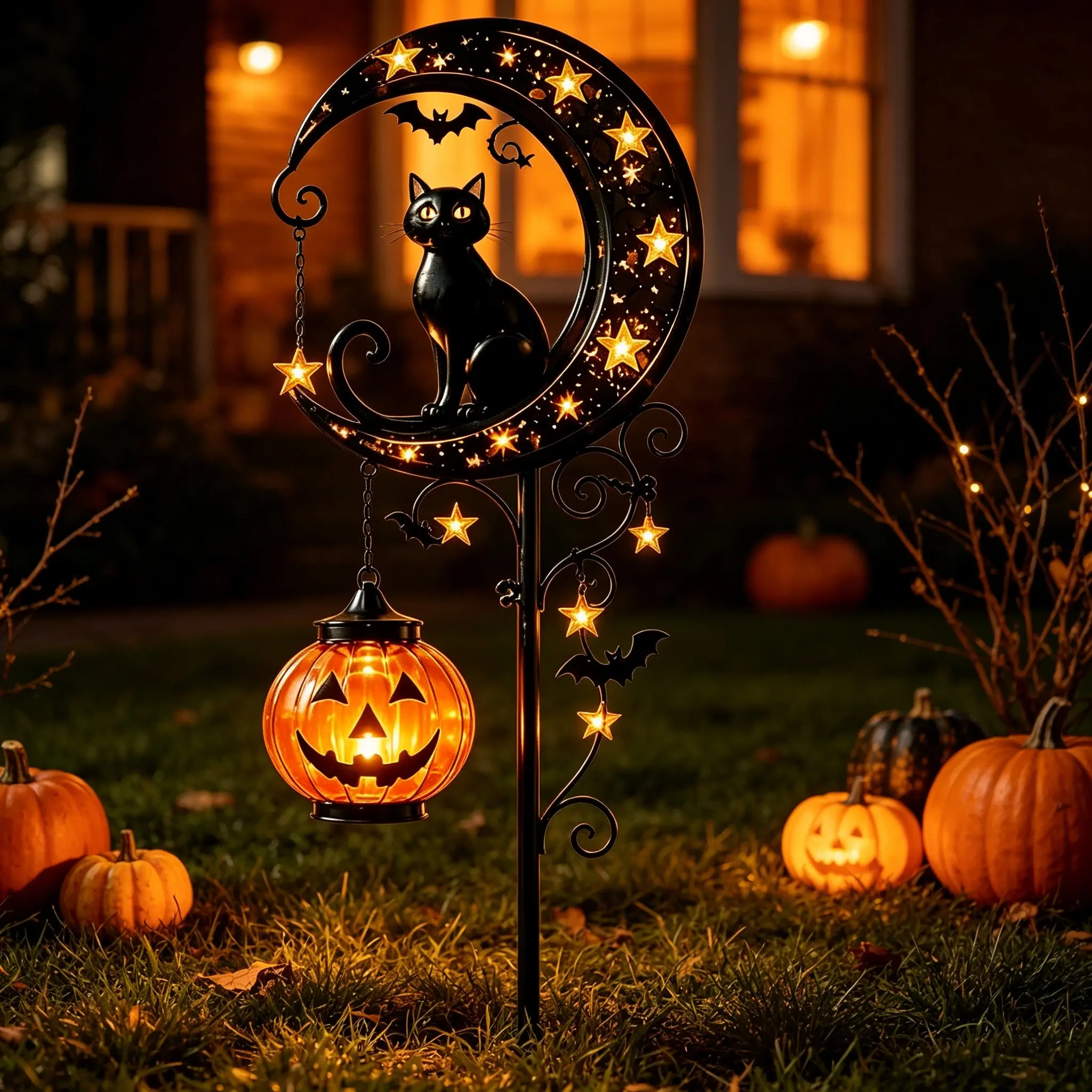 3D Retro Halloween Black Cat Moon Garden Ground Stake Decoration Outdoor Cat Silhouette Decoration Stake Moon-Themed Design For Decoration Only, No Lights, Does Not Include Batteries or Power Supply Lawn, Courtyard, Terrace, Garden Scene Arrangement Decor
