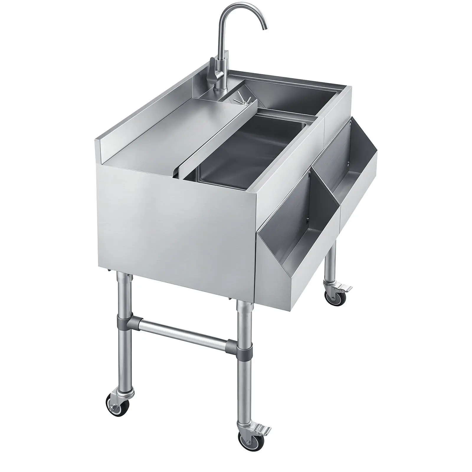 Commercial Ice Bin with Sink & Faucet, 60 Qt Max Capacity, 24 x 19 x 35 Inch Stainless Steel Ice Chest with Sliding Lid and Bottle Holders, Cooler Cart Cocktail Unit for Bar Restaurant Pub