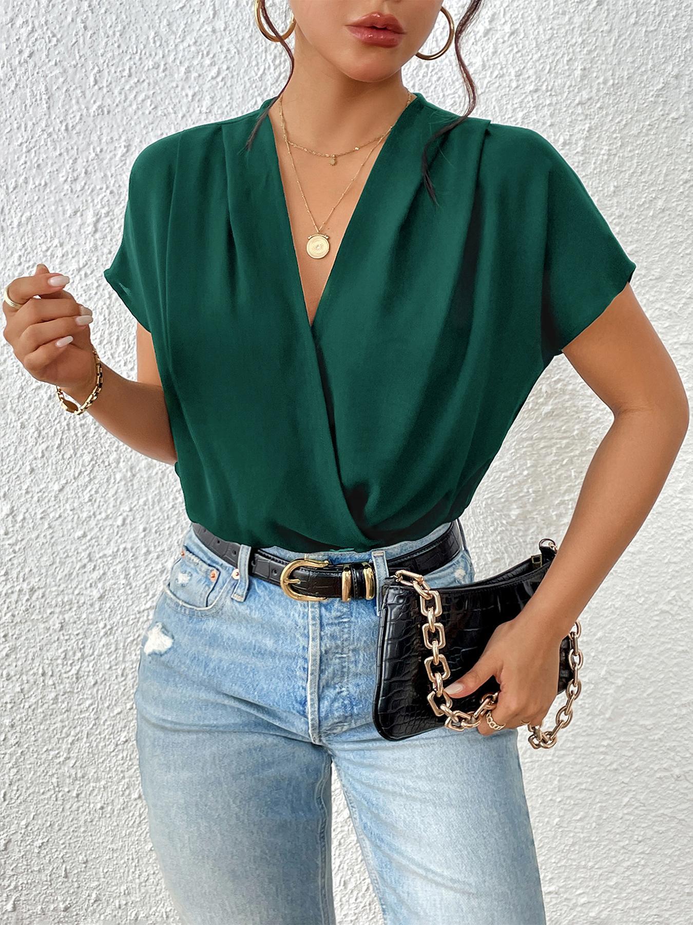 Women's Plain Basic Wrap Batwing Sleeve Bodysuit, Elegant Deep V Neck Short Sleeve Bodysuit, Women Summer Outfit for Daily Wear, Shortie Bodysuit