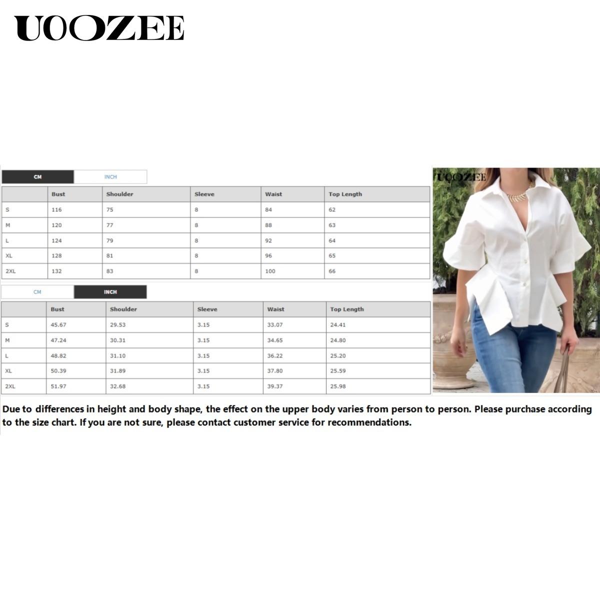 UOOZEE Women's New Summer Solid White 100% Cotton Lapel Collar Half Sleeve Sheer T-shirt, Waisted Irregular Ruffle Hem Loose Fit Buttoned Summer Blouse(One Size Up Recommended for C - Cup and Above)