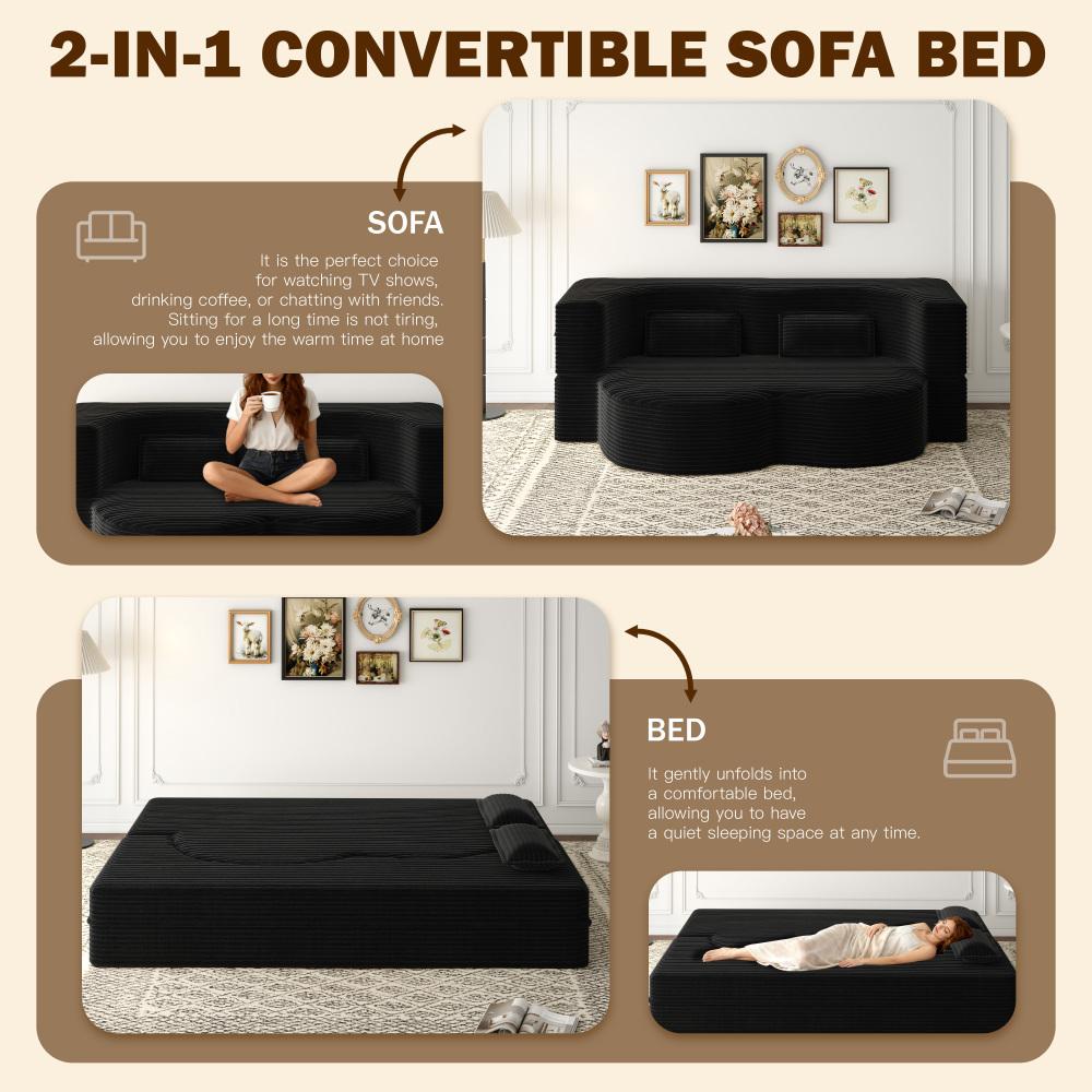 Modern Floor Sofa with 2 Pillows, Convertible Corduroy Fabric Foam-Filled Sleeper Sofa Bed, 15" Twin Size Folding Mattress for Living Room, Guest Bed, Playroom, no Assembly Required
