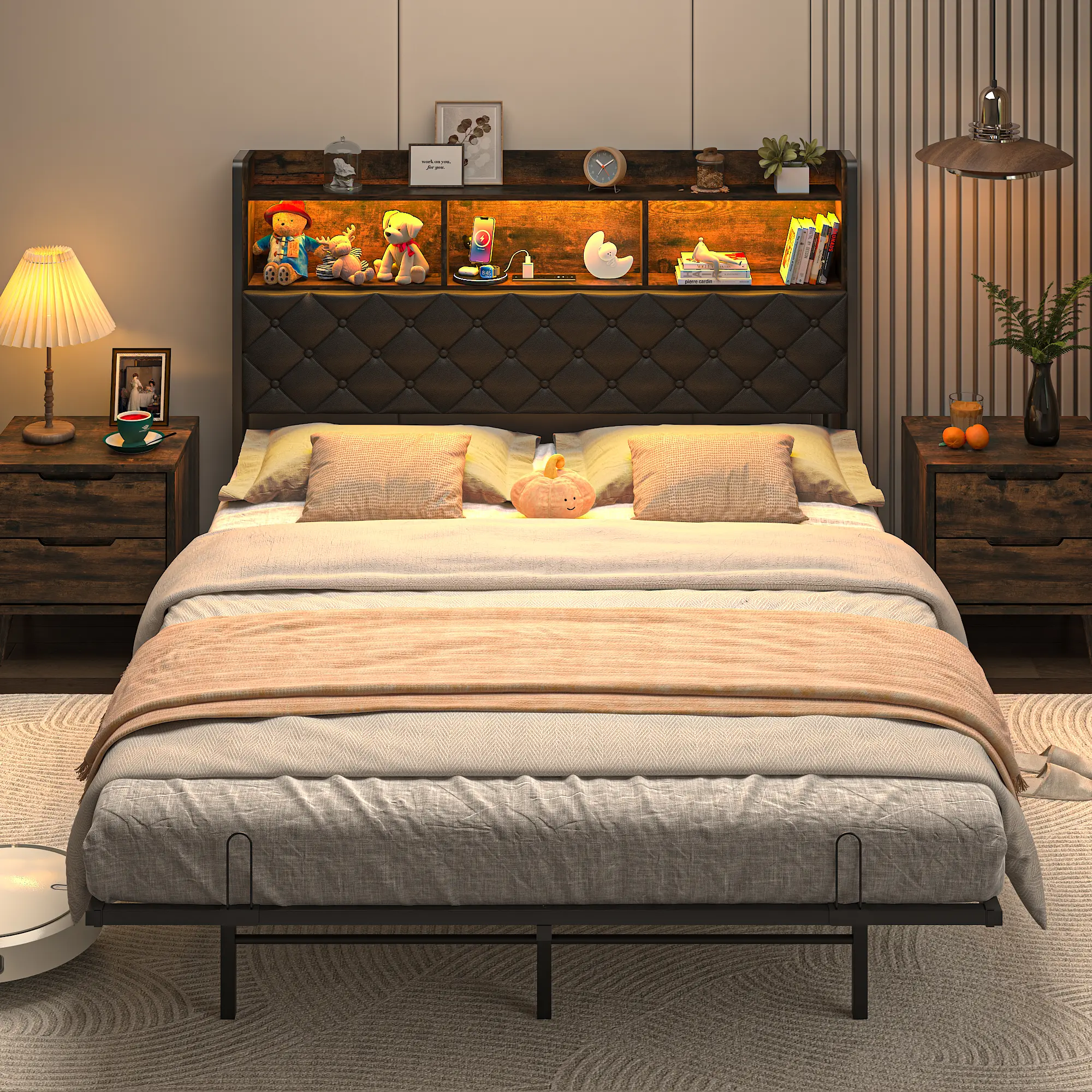 Full/Queen Size Bed Frame with Storage Bookcase Headboard - Metal Platform Bed, LED Light and Charging Station, No Box Spring Needed, Heavy Duty Steel Slats for Bedroom, Dorm, Vintage Brown/Rustic Brown