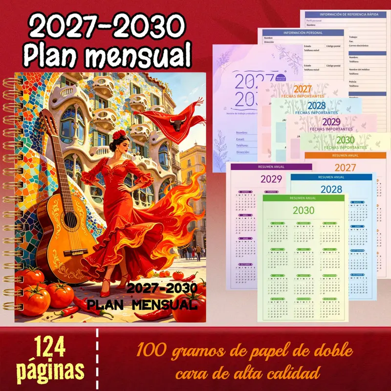 Spanish Calendar Planner for 2027-2030, A5 size, 124 pages of high-quality paper, Spanish Flamenco dancer art spiral notebook, four-year long-term monthly agenda and schedule organizing notebook