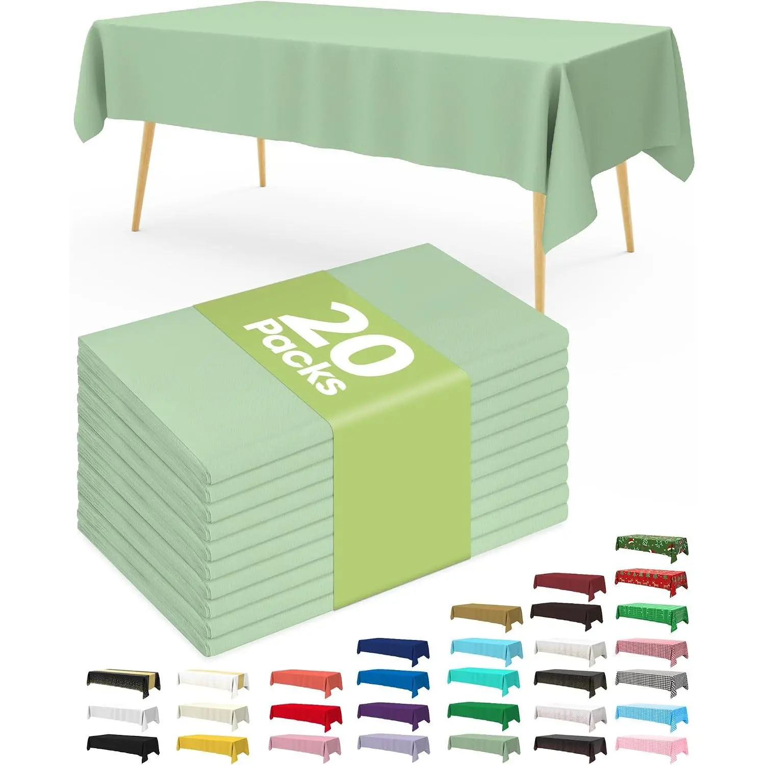 Plastic Table Cloth Disposable 20 Pack, 54 x 108 Inch Table Cloths, Easter Party, Decorative Tablecloths, Rectangle, Light, Pastel Plastic Cover, Leakproof & Sturdy, Sage Green