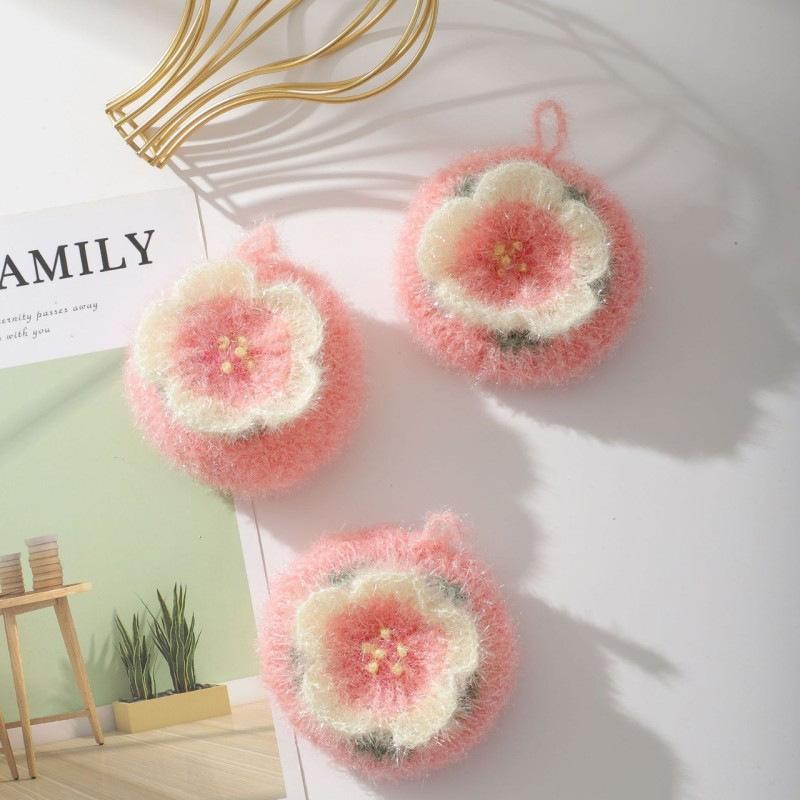[3-Pack] Romantic Cherry Blossom Dishwashing Ball, Household Non-Shedding Cleaning Ball, Kitchen Non-Abrasive Dishwashing Cloth